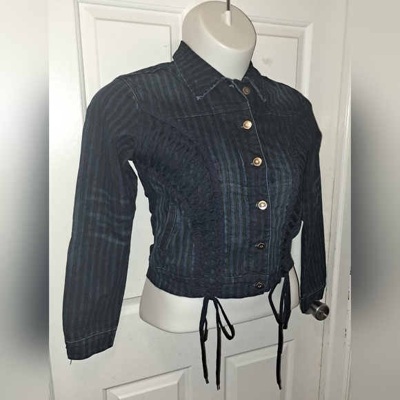 🆕️Y2k Crest Striped Lace Up Demin Cropped Jacket NWT Sz L - Picture 10 of 14